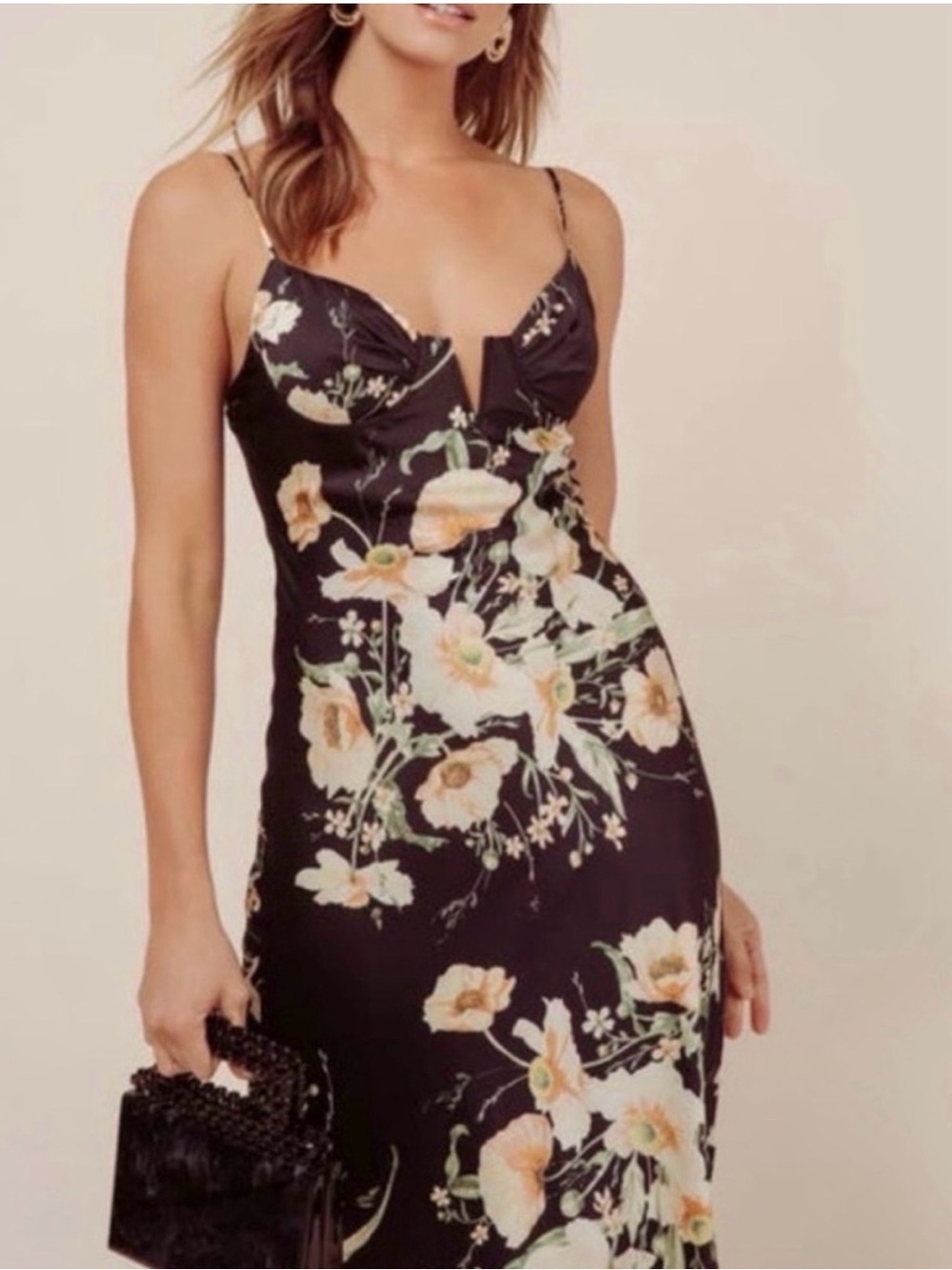Astr Black Floral Slip Midi Dress with black and yellow floral - Picture 2 of 6